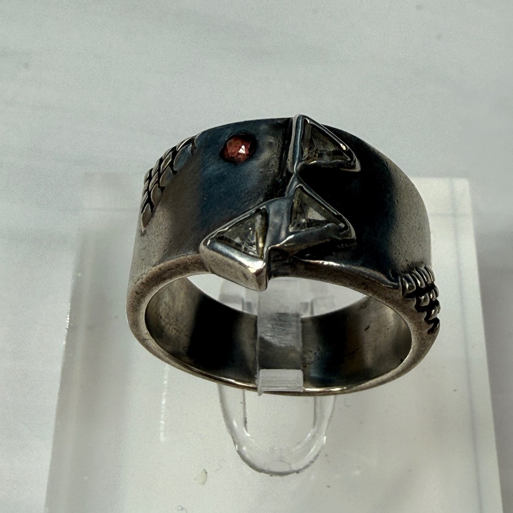 Sterling Silver 925 Wide Band Ring Geometric Red & Clear Stones Size 7 9.5g - Picture 3 of 8